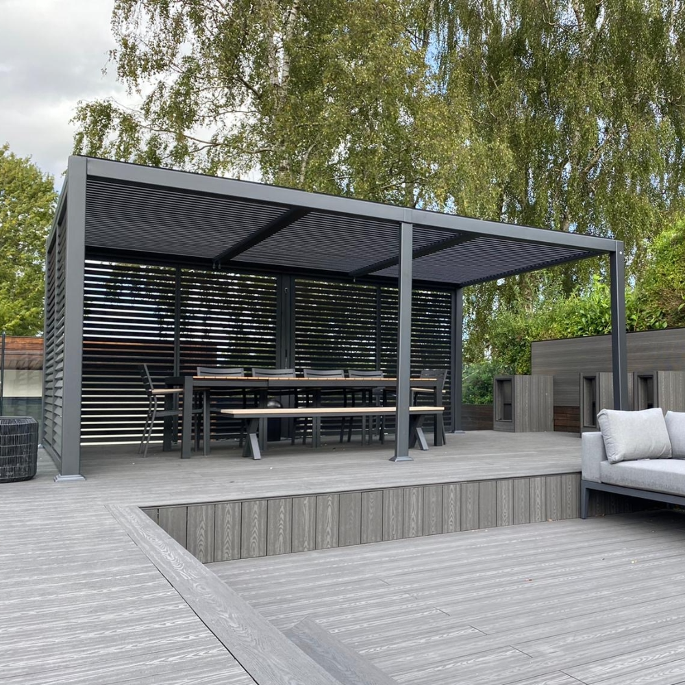 Suns Lifestyle Maranza Vented Pergola Lifestyle with Dining Table and Sofa
