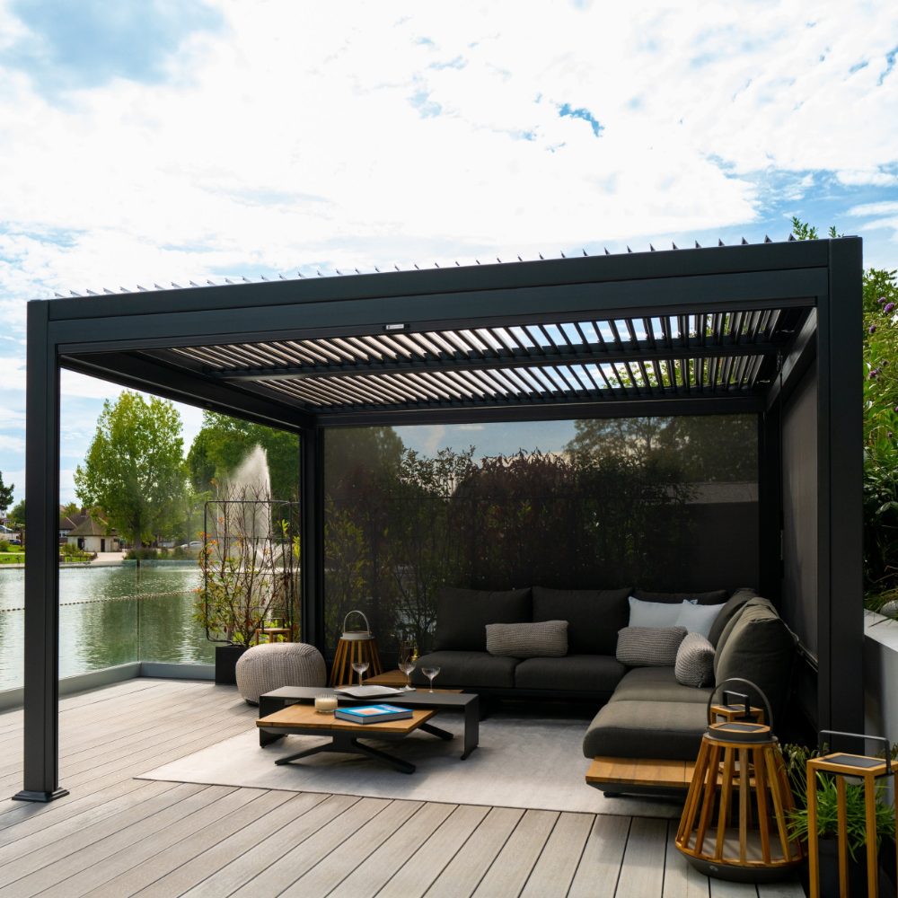 Suns Lifestyle Maranza Vented Pergola Lifestyle with Sofa and Table