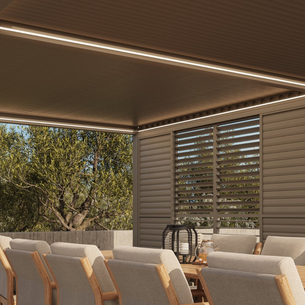 Suns Lifestyle Luxe Electric Louvered Roof LED Pergola Side Panels View with Led Light and Dining Set