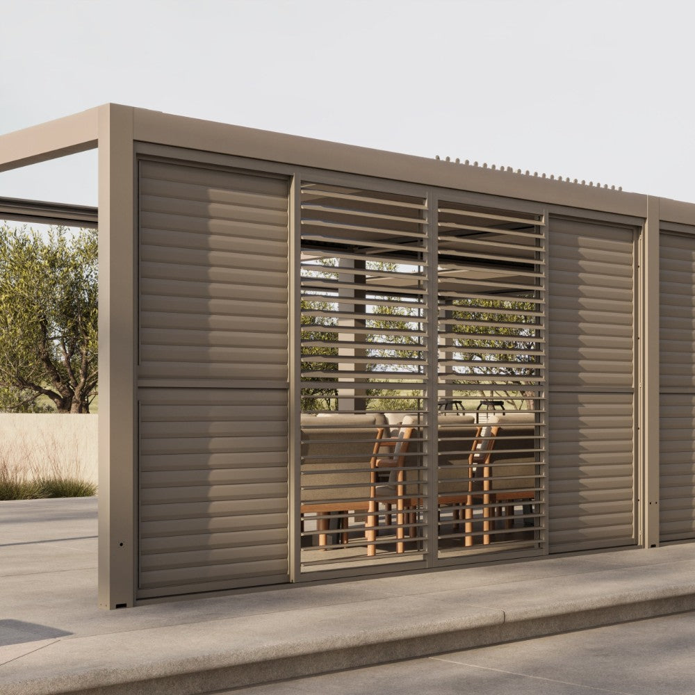 Suns Lifestyle Luxe Manual Louvered Roof Pergola Side Panels Open Outside View