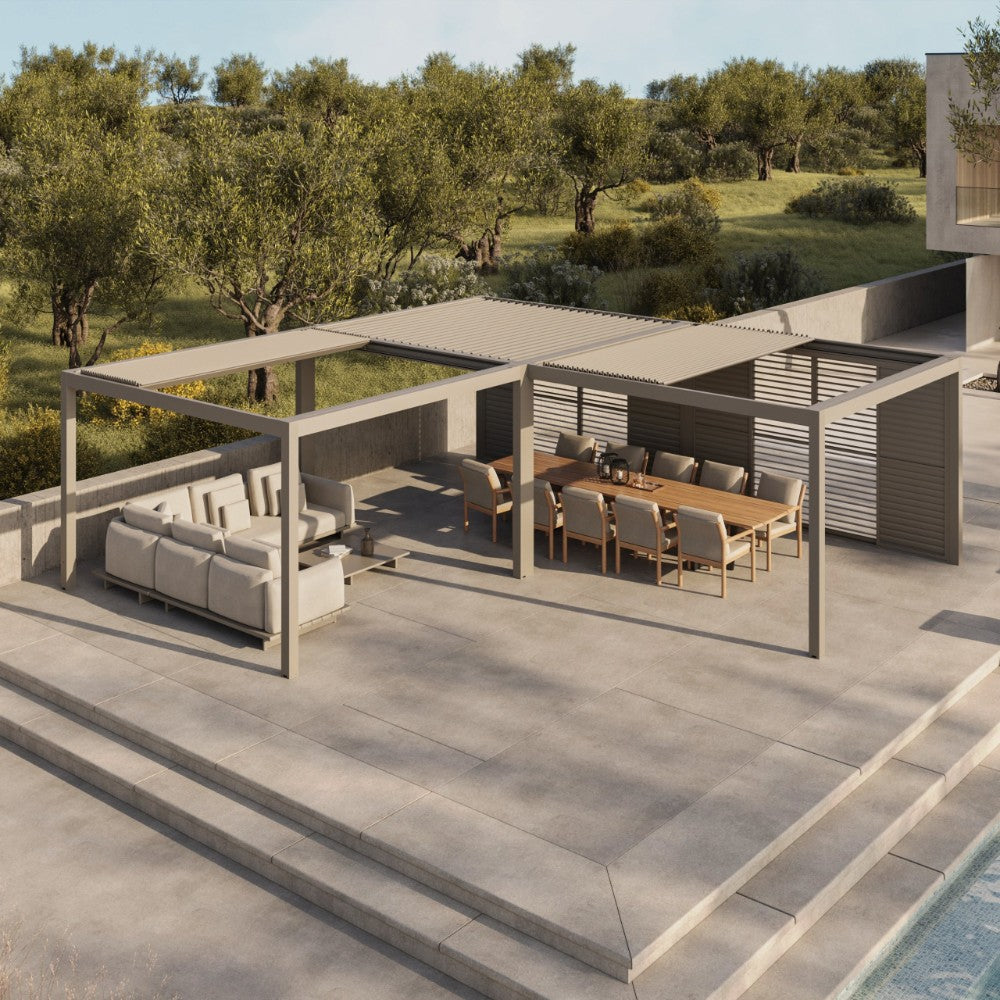 Suns Lifestyle Luxe Retractable Roof Led Pergola Camel Sand with Roof Open