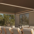 Suns Lifestyle Luxe Retractable Roof Led Pergola Side Panels View with Led Light and Dining Set