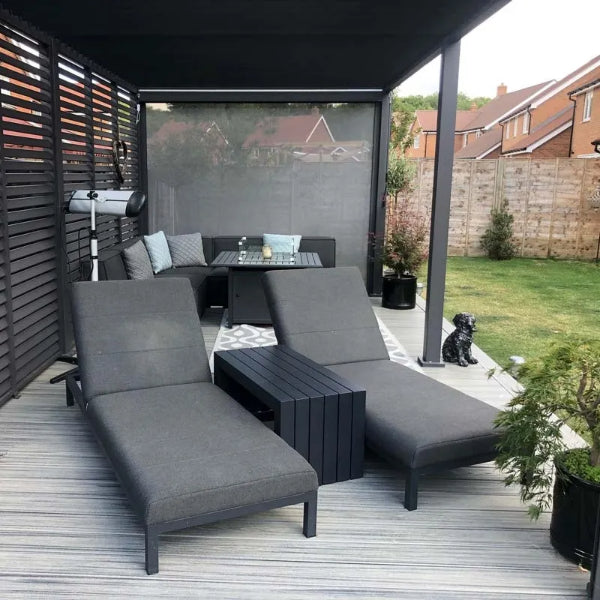 The Persian Lounger - Aluminium Frame Sun Lounger - Charcoal Slate, Summit Pergola, Lifestyle Image