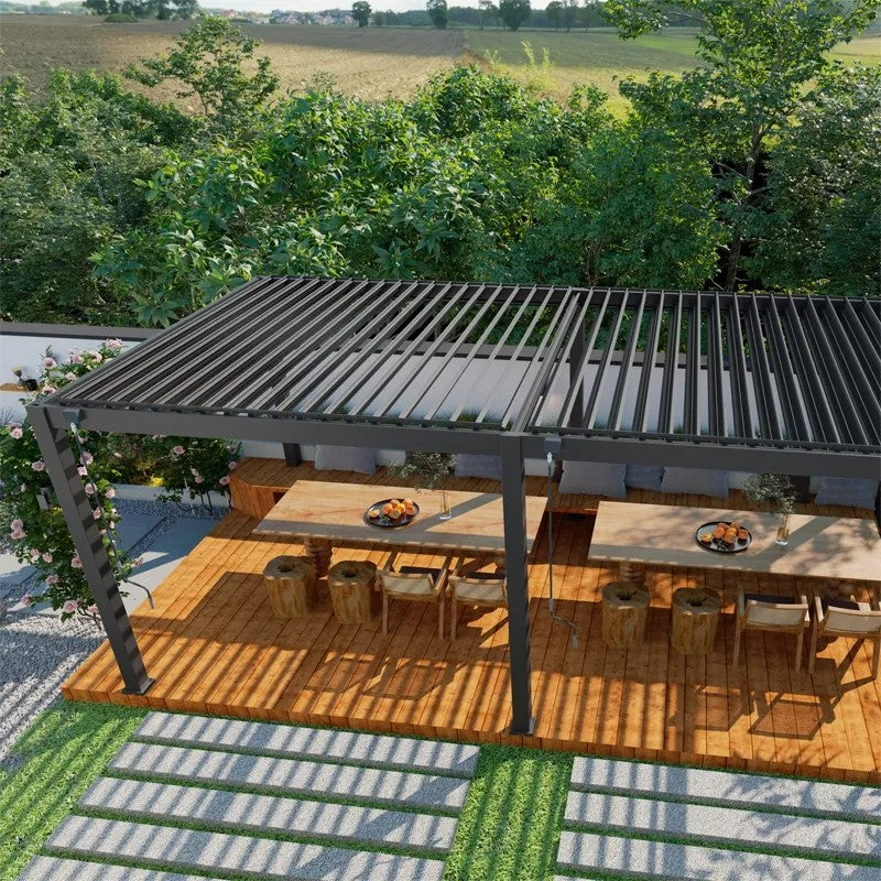 The Westminster Emperor Pergola - 7.2m x 3.6m Charcoal Colour Top View with Dining Set