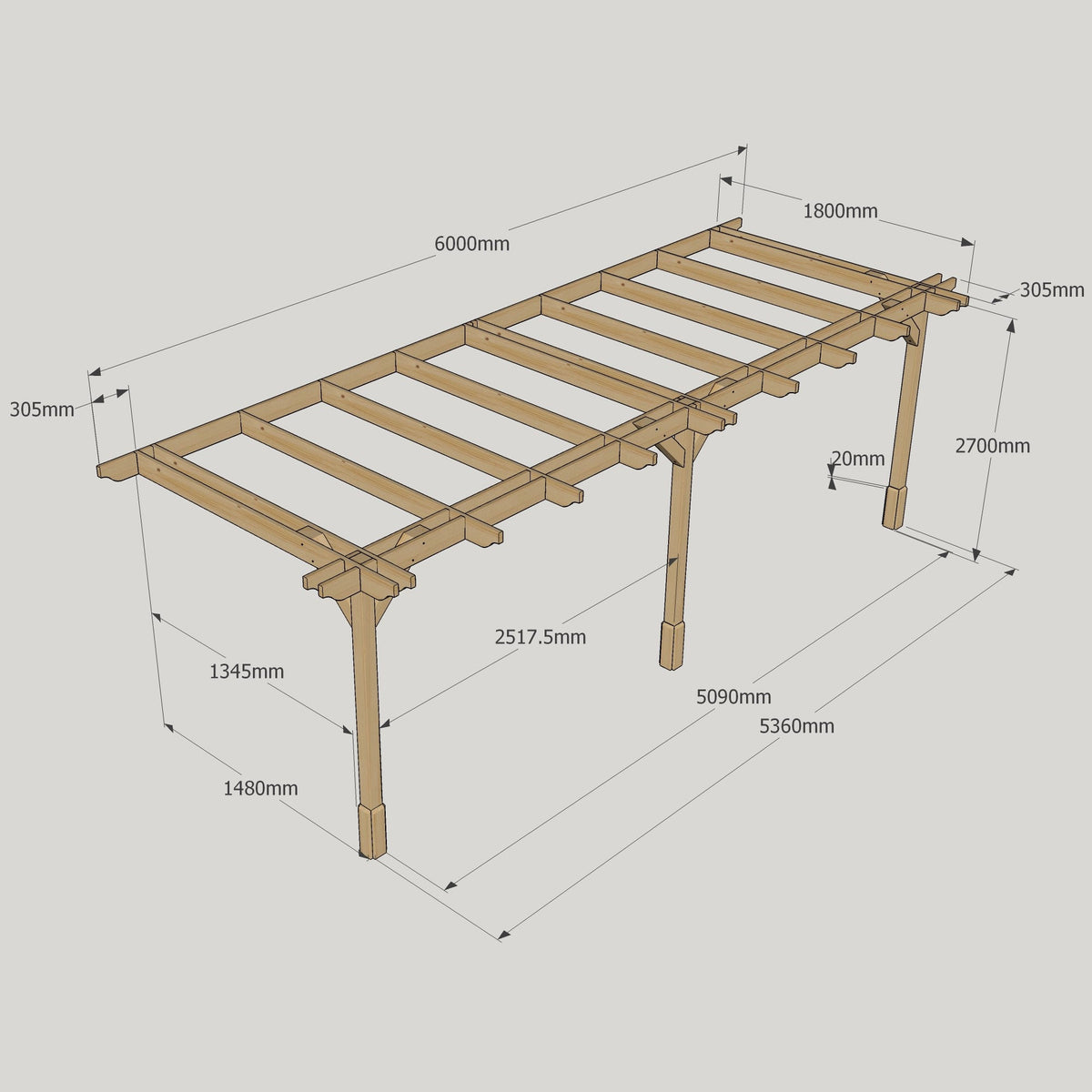 Wall Mounted Double Premium Pergola - Rustic Brown - 1.8m Depth x 6m Length