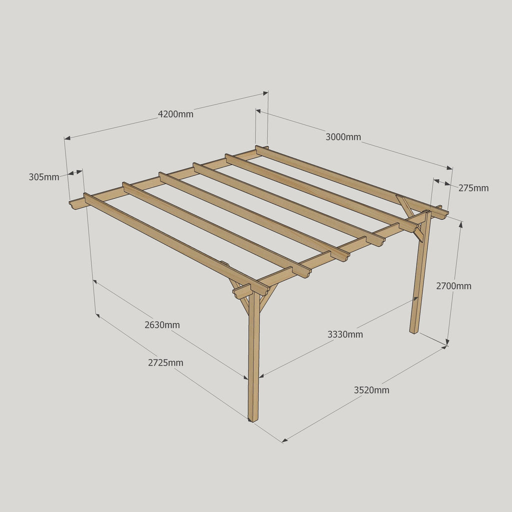 Wall Mounted Garden Pergola - Rustic Brown - 3m Depth x 4.2m Length