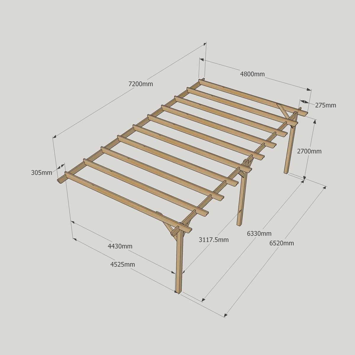 Wall Mounted Garden Pergola - Rustic Brown - 4.8m Depth x 7.2m Length