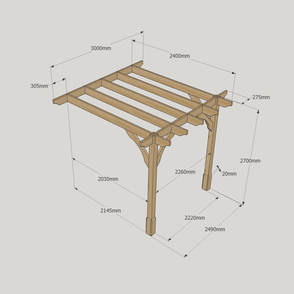 Wall Mounted Premium Pergola - Rustic Brown - 2.4m Depth x 3m Length