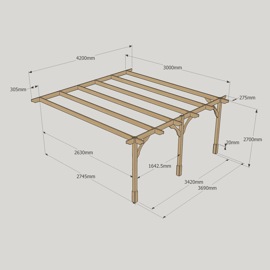 Wall Mounted Premium Pergola - Rustic Brown - 3m Depth x 4.2m Length