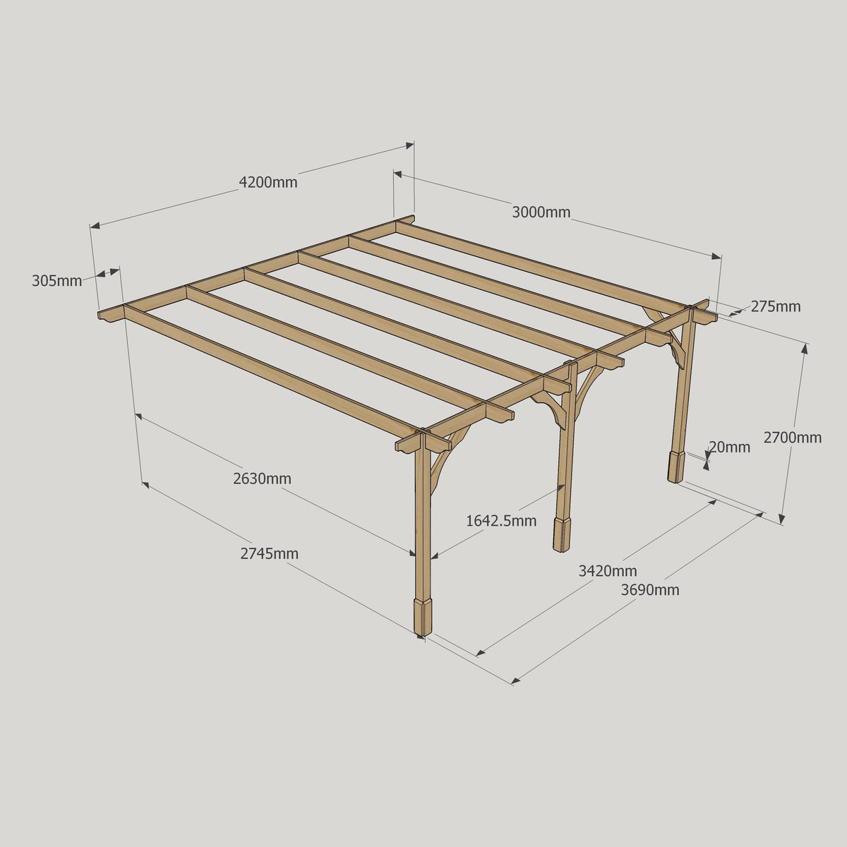 Wall Mounted Premium Pergola - Rustic Brown - 3m Depth x 4.2m Length