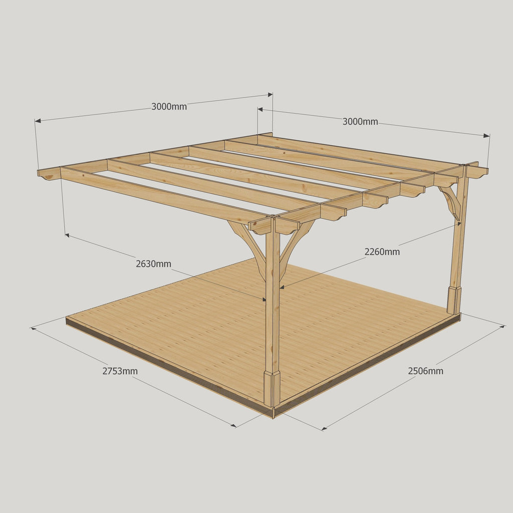 Wall Mounted Premium Pergola with Decking - Rustic Brown - 3m Depth x 3m Length