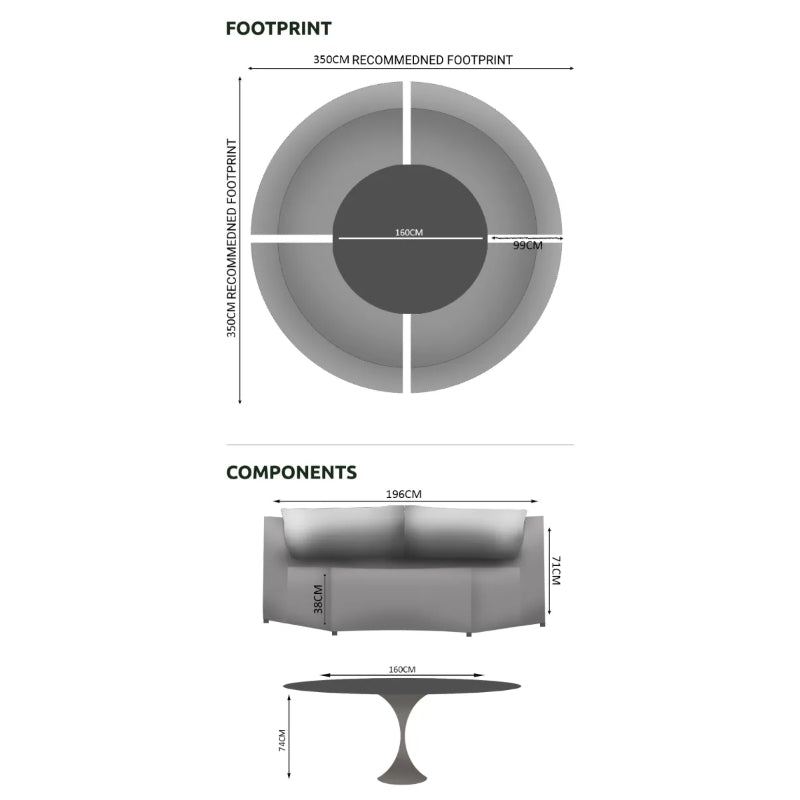 Westminster Cosy Dining Set - Round 160cm Sphere Table - 8 seats Dimensions