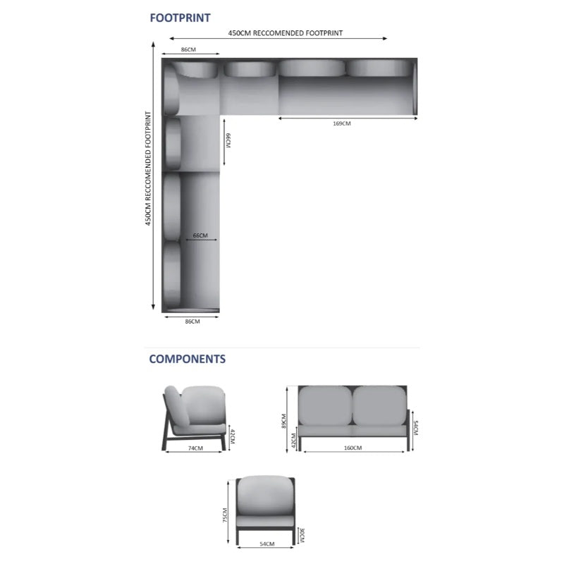 Westminster Lunar 7 Seater Sofa Set (1 Left Sofa - 1 Right Sofa - 1 Corner Sofa - 2 Middle Sofa) Dimensions