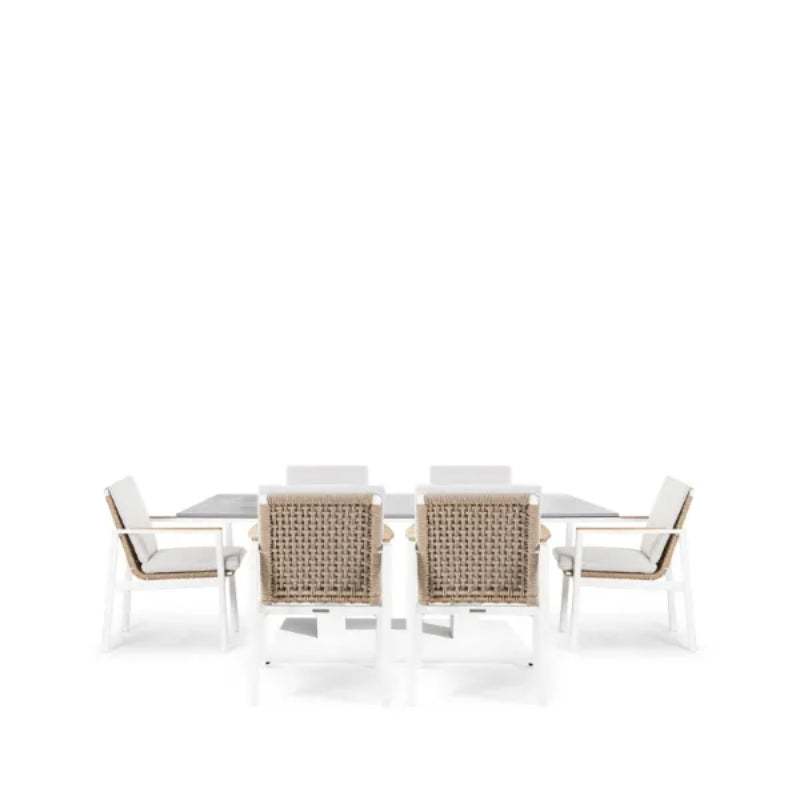 Westminster Lunar Dining Set - Rectangular 150cm x 90cm Table with 6 Chairs White / Stone Rising Table, White / Ivory Chairs, Studio Image