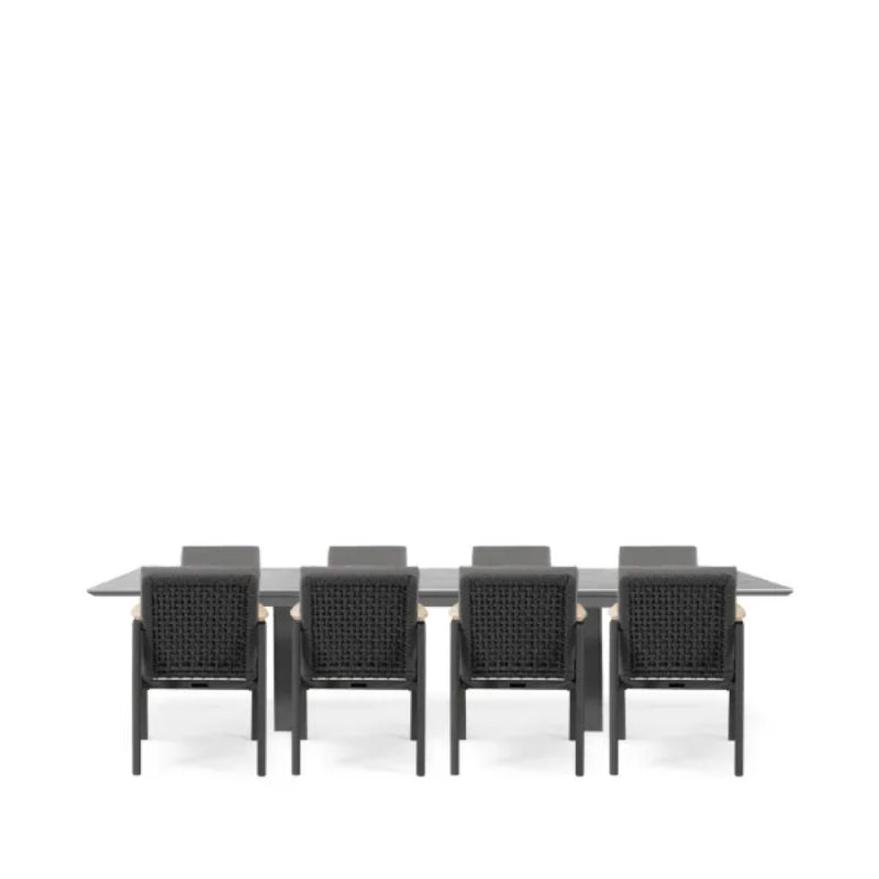 Westminster Lunar Dining Set - Rectangular 300cm x 100cm Table with 8 Chairs - Charcoal / Mid Gray Linear Table, Charcoal / Graphite Chairs, Studio Image