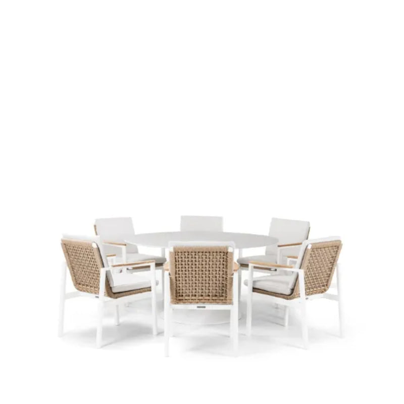Westminster Lunar Dining Set - Round 160cm Sphere Table with 6 Chairs - White / Stone Sphere Table, White / Ivory Chairs, Studio Image