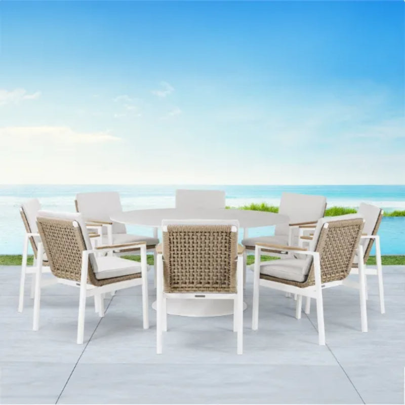 Westminster Lunar Dining Set - Round 160cm Sphere Table with 8 Chairs - White / Stone Sphere Table, White / Ivory Chairs