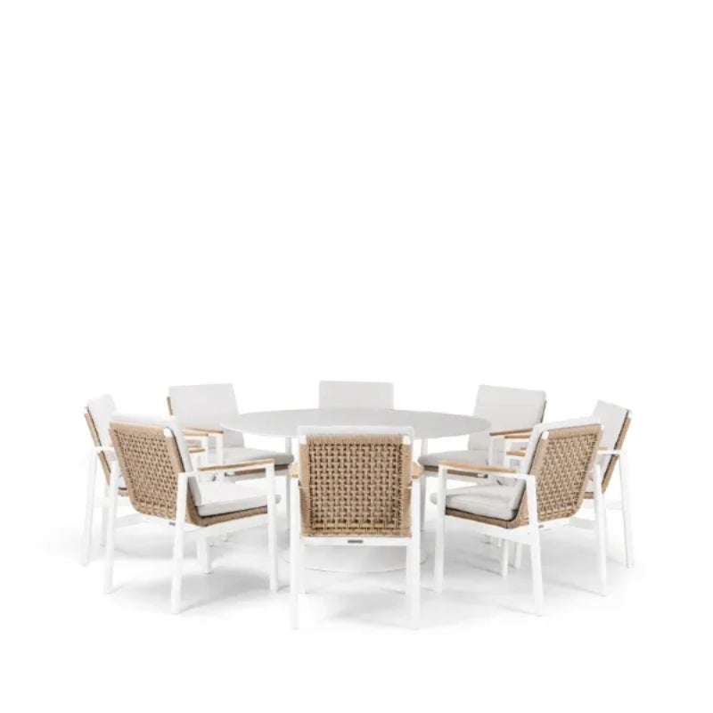 Westminster Lunar Dining Set - Round 160cm Sphere Table with 8 Chairs - White / Stone Sphere Table, White / Ivory Chairs, Studio Image