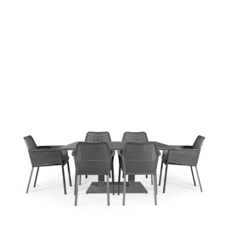 Westminster Matrix Dining Set - Rectangle 150cm x 90cm Table with 6 Chairs Charcoal / Grey Rising Table, Charcoal / Slate Chairs, Studio Image