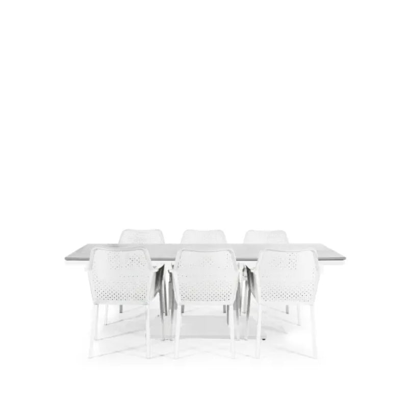 Westminster Matrix Dining Set - Rectangle 200cm x 90cm Table with 6 Chairs White / Stone Phoenix Table, White / Stone Chairs, Studio Image