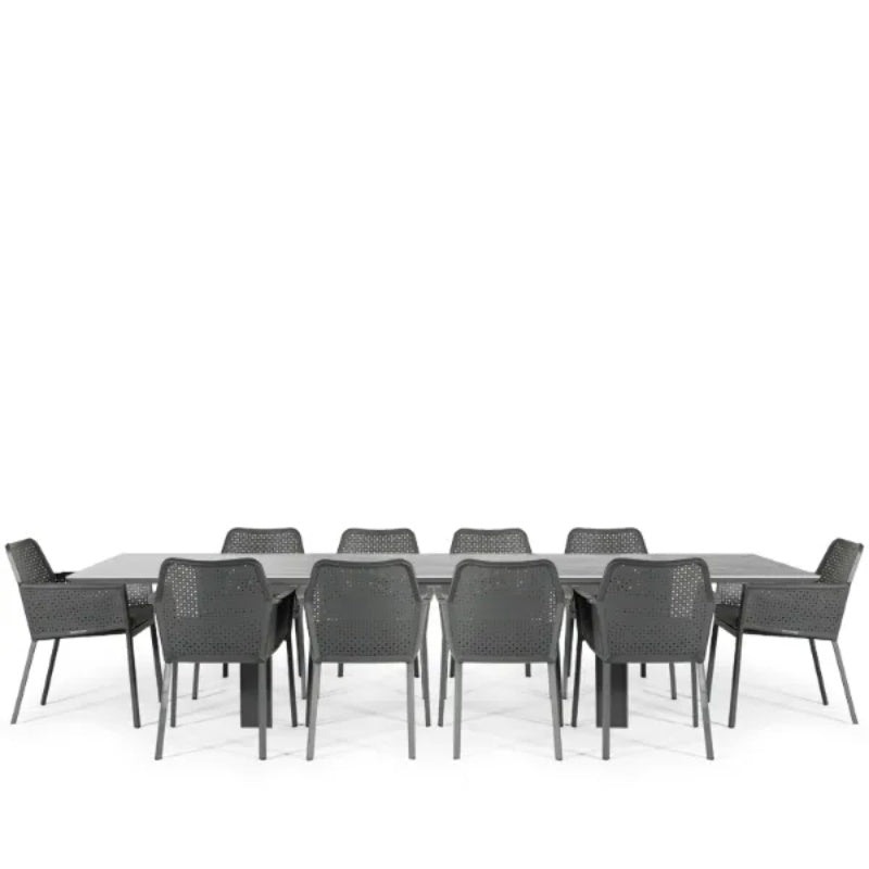 Westminster Matrix Dining Set - Rectangle 300cm x 90cm Table with 10 Chairs Charcoal / Grey Linear Table, Charcoal / Slate Chairs, Studio Image