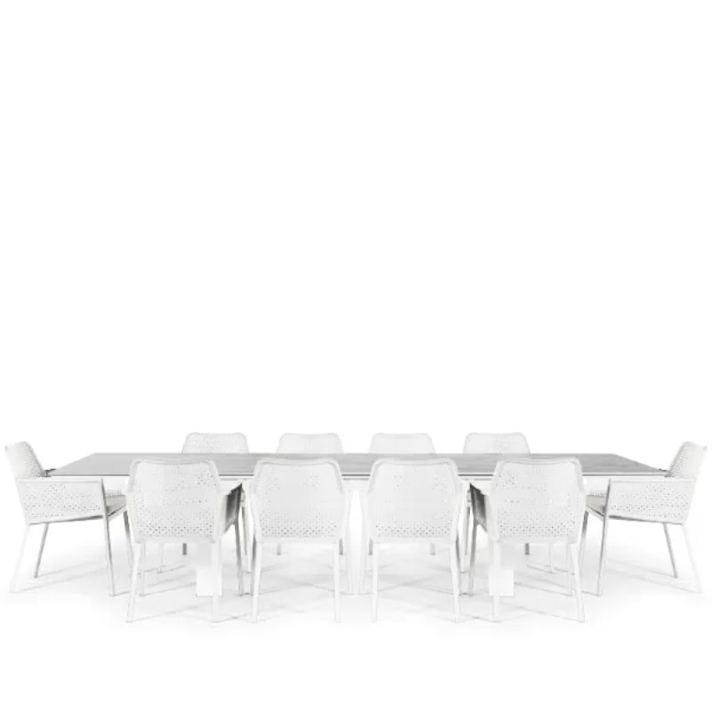 Westminster Matrix Dining Set - Rectangle 300cm x 90cm Table with 10 Chairs White / Stone Linear Table, White / Stone Chairs, Studio Image