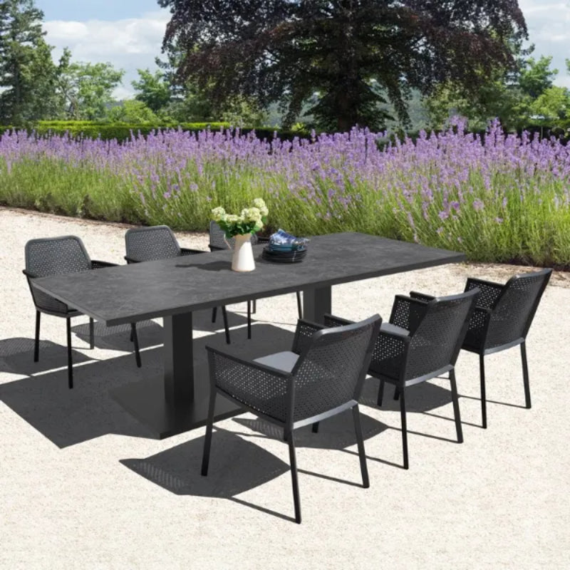 Westminster Matrix Dining Set - Rectangle 300cm x 90cm Table with 6 Chairs Charcoal / Grey Linear Table, Charcoal / Slate Chairs, Lifestyle Image