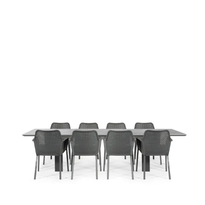 Westminster Matrix Dining Set - Rectangle 300cm x 90cm Table with 8 Chairs Charcoal / Grey Linear Table, Charcoal / Slate Chairs, Studio Image