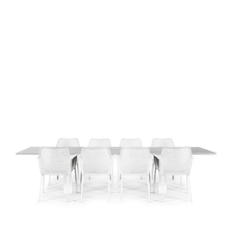 Westminster Matrix Dining Set - Rectangle 300cm x 90cm Table with 8 Chairs White / Stone Linear Table, White / Stone Chairs, Studio Image