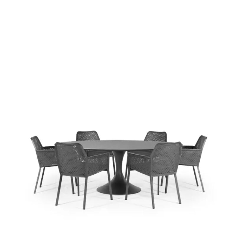 Westminster Matrix Dining Set - Round 160cm Sphere Table with 6 Chairs - Charcoal / Mid Gray Table, Charcoal / Slate Chairs, Studio Image