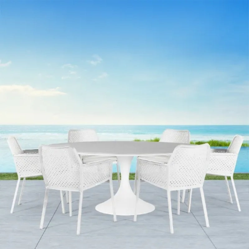 Westminster Matrix Dining Set - Round 160cm Sphere Table with 6 Chairs - White / Stone Table, White / Stone Chairs