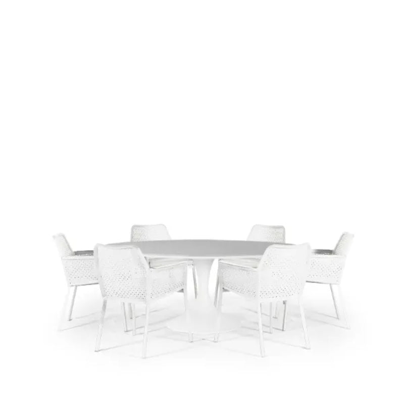 Westminster Matrix Dining Set - Round 160cm Sphere Table with 6 Chairs - White / Stone Table, White / Stone Chairs, Studio Image
