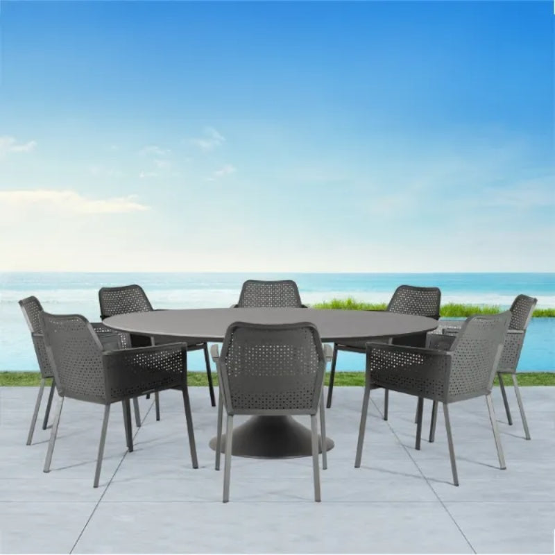 Westminster Matrix Dining Set - Round 160cm Sphere Table with 8 Chairs - Charcoal / Mid Gray Table, Charcoal / Slate Chairs