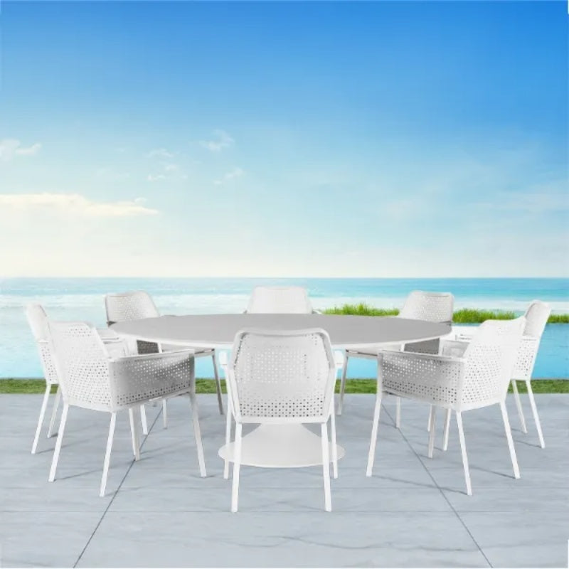 Westminster Matrix Dining Set - Round 160cm Sphere Table with 8 Chairs - White / Stone Table, White / Stone Chairs