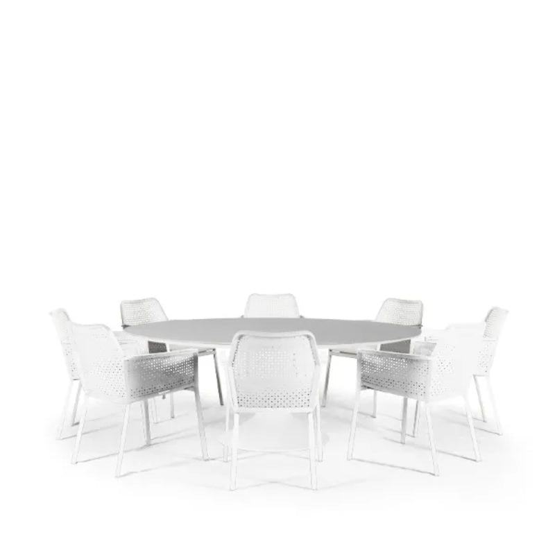 Westminster Matrix Dining Set - Round 160cm Sphere Table with 8 Chairs - White / Stone Table, White / Stone Chairs, Studio Image