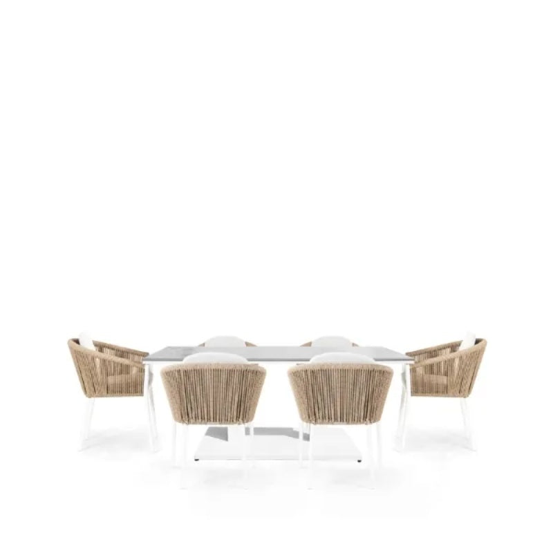Westminster Moon Dining Set - Rectangular 150cm x 90cm Table with 6 Chairs White / Stone Table, White / Ivory Chairs, Studio Image