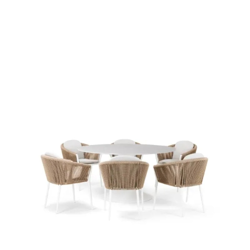 Westminster Moon Dining Set - Round 160cm Table with 6 Chairs - White / Stone Table, White / Ivory Chairs