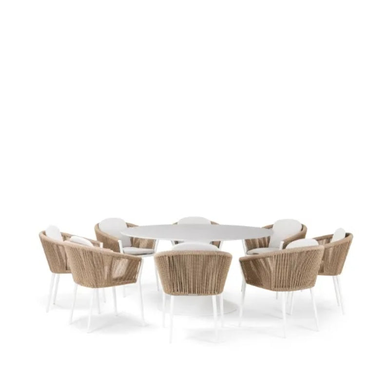 Westminster Moon Dining Set - Round 160cm Table with 8 Chairs - White / Stone Table, White / Ivory Chairs
