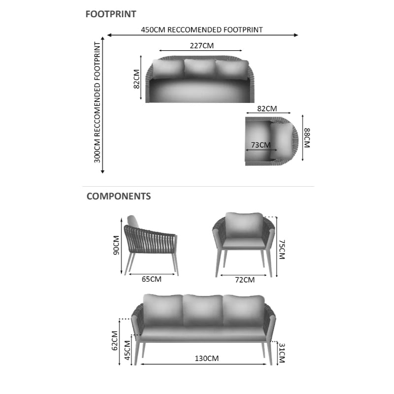 Westminster Moon Sofa Set - 4 Seats Dimensions
