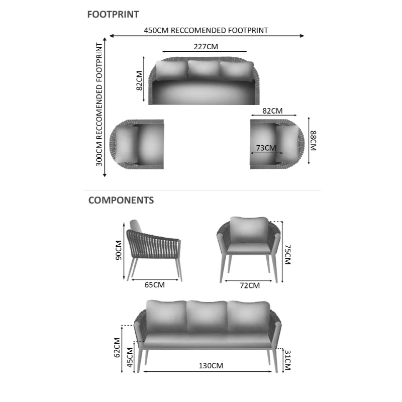 Westminster Moon Sofa Set - 5 Seats Dimensions