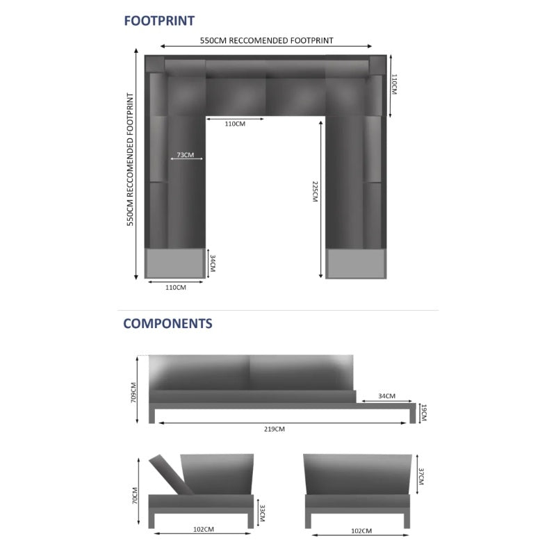 Westminster Motion Fabric Sofa Set - 10 Seater Dimensions