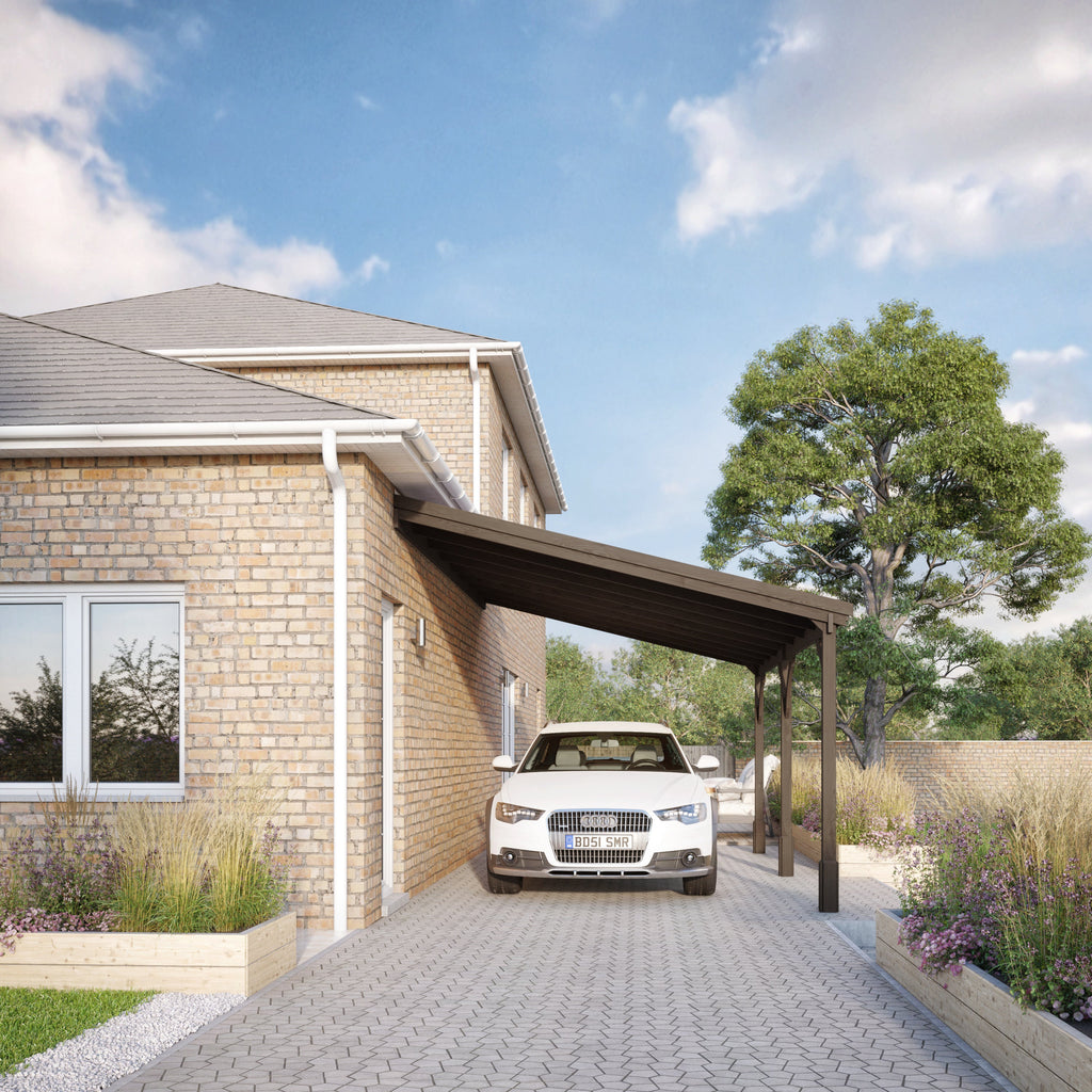 Wall Mounted Felt Shingle Roof Carport - Rustic Brown - 3m Depth x 5.06m Width