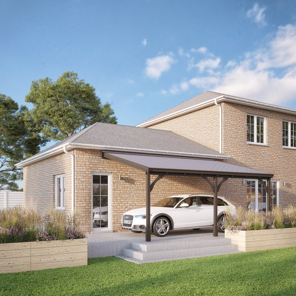 Wall Mounted Felt Shingle Roof Carport - Rustic Brown - 3.5m Depth x 7.22m Width