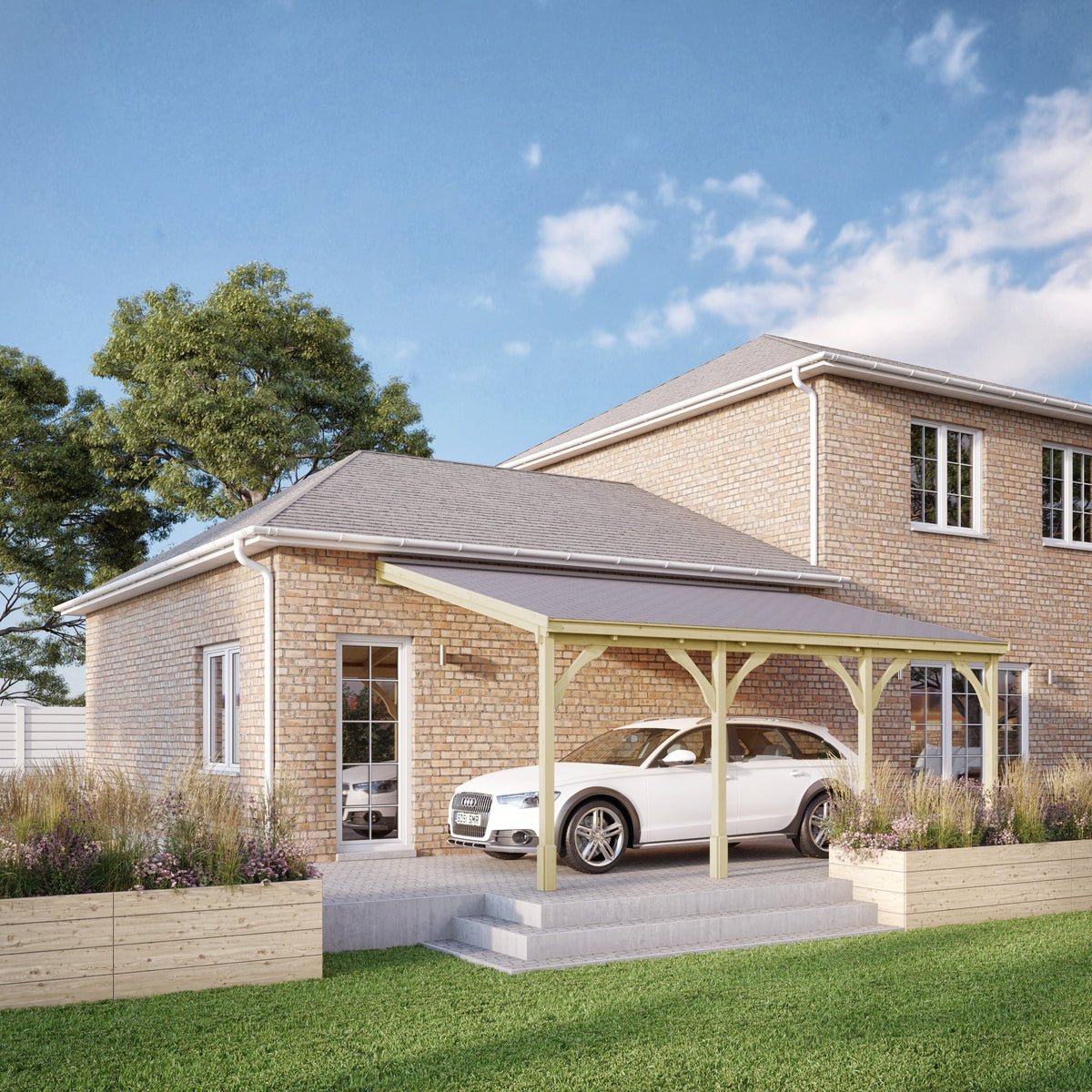 Wall Mounted Felt Shingle Roof Carport - Light Green - 3.5m Depth x 7.22m Width