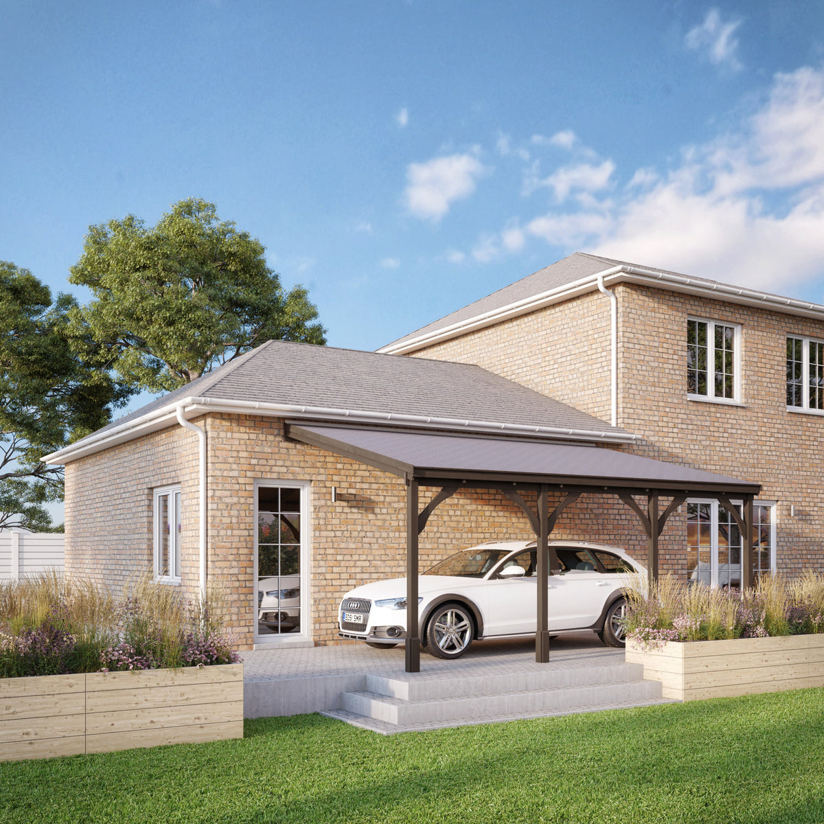 Wall Mounted Felt Shingle Roof Carport - Rustic Brown - 2m Depth x 7.22m Width