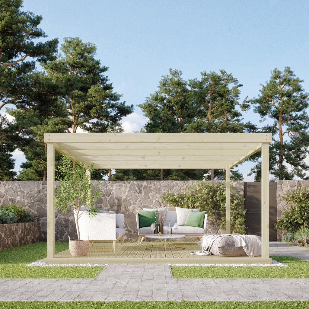 Freestanding Box Pergola with Decking - Light Green - 3.6m Width x 3.6m Length