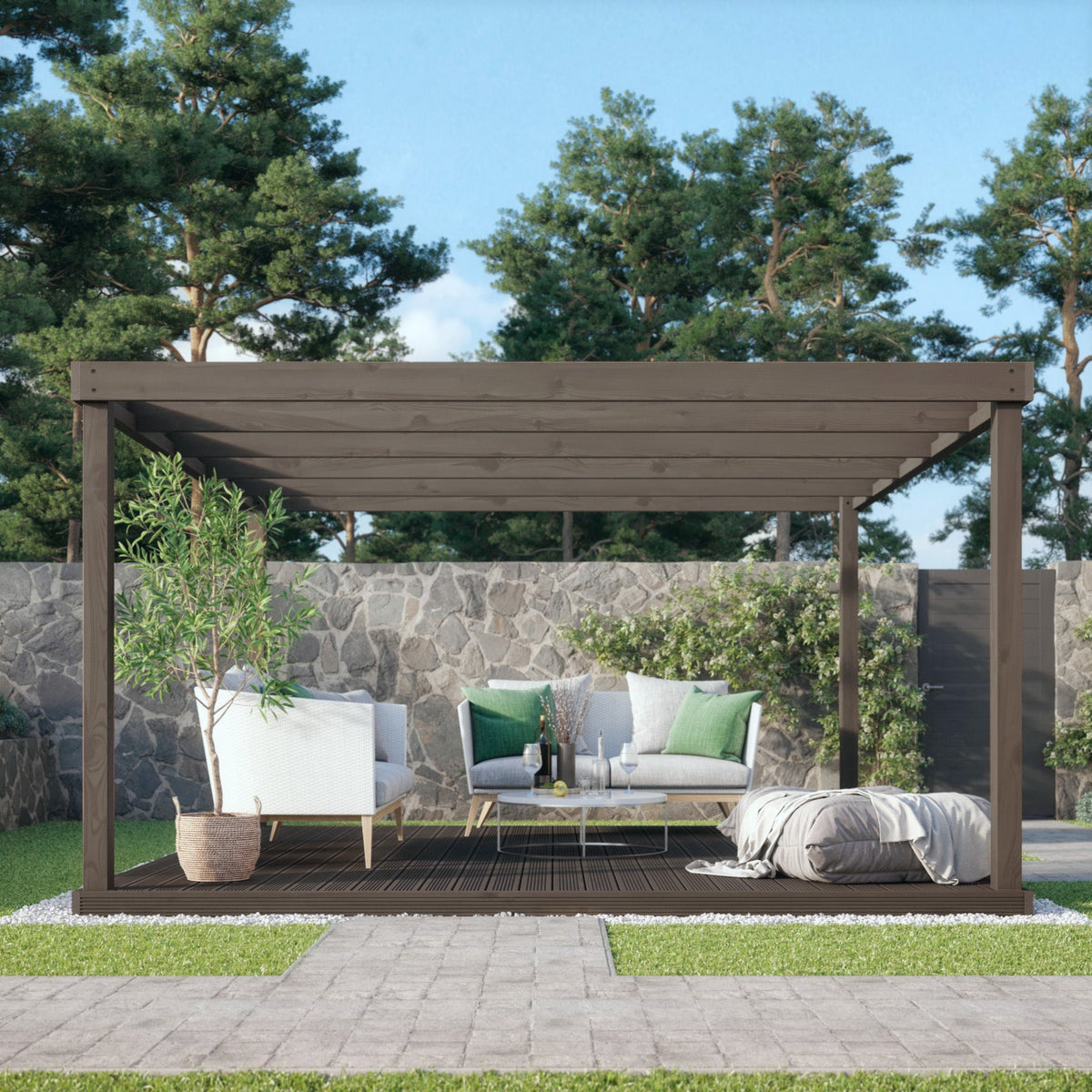 Freestanding Box Pergola with Decking - Rustic Brown - 4.8m Width x 4.8m Length