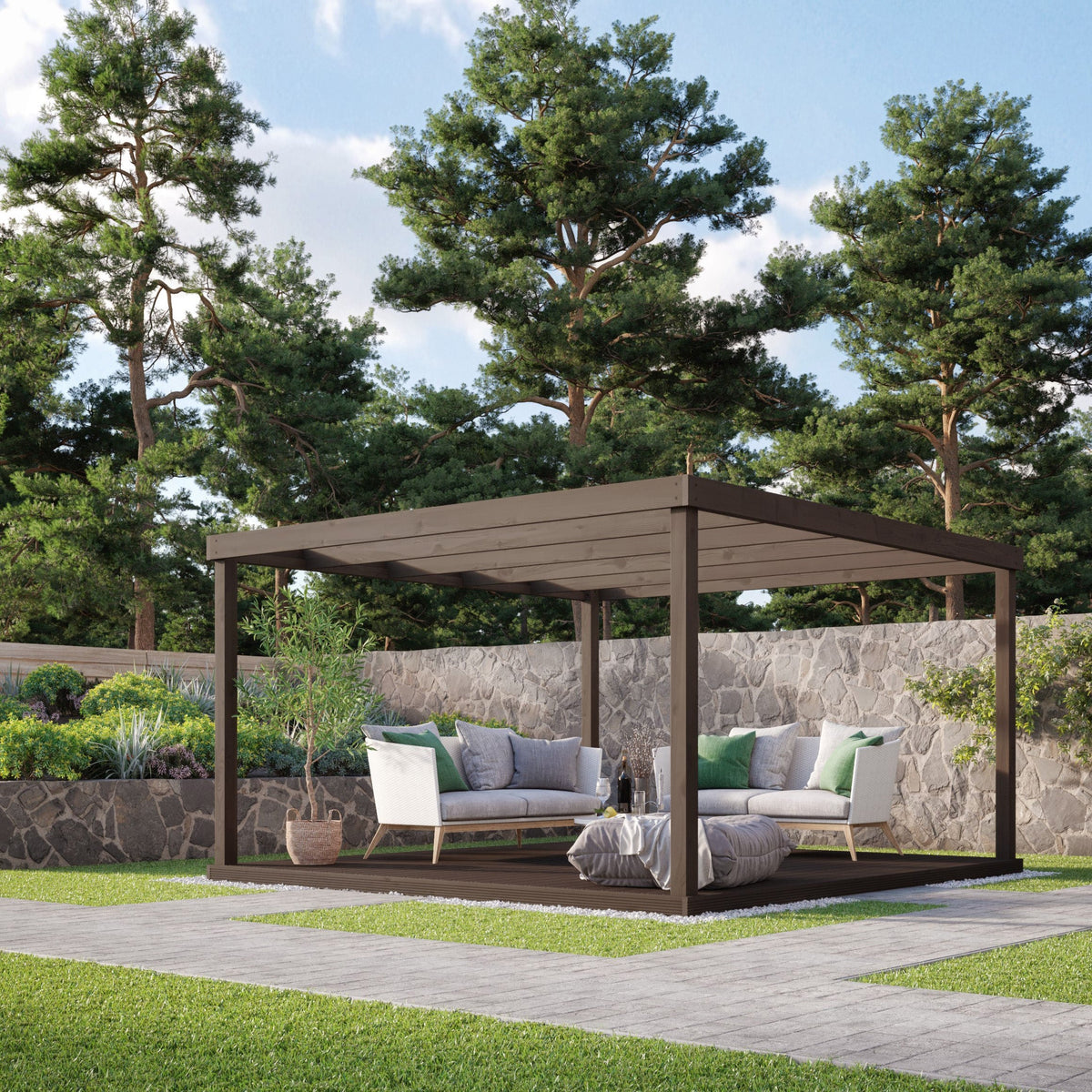 Freestanding Box Pergola with Decking - Rustic Brown - 4.8m Width x 4.8m Length