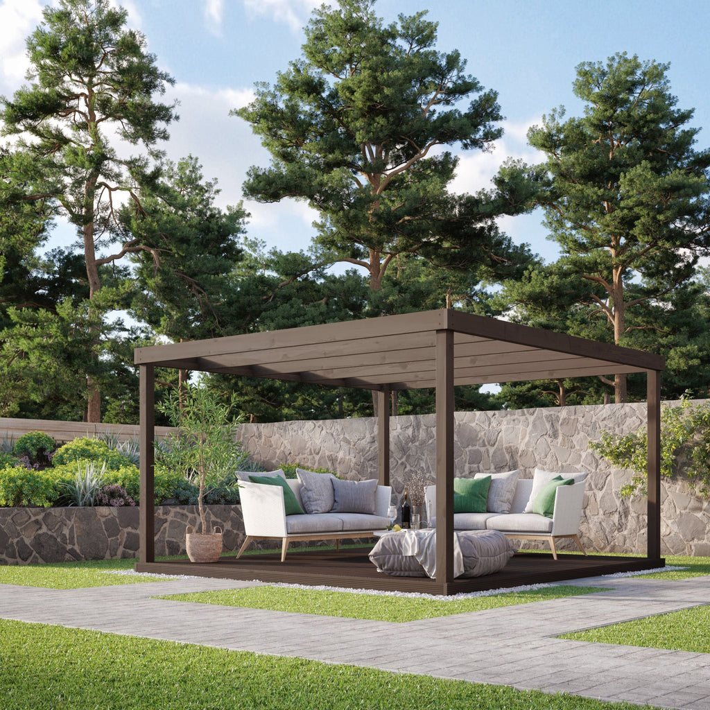 Freestanding Box Pergola with Decking - Rustic Brown - 4.2m Width x 4.2m Length