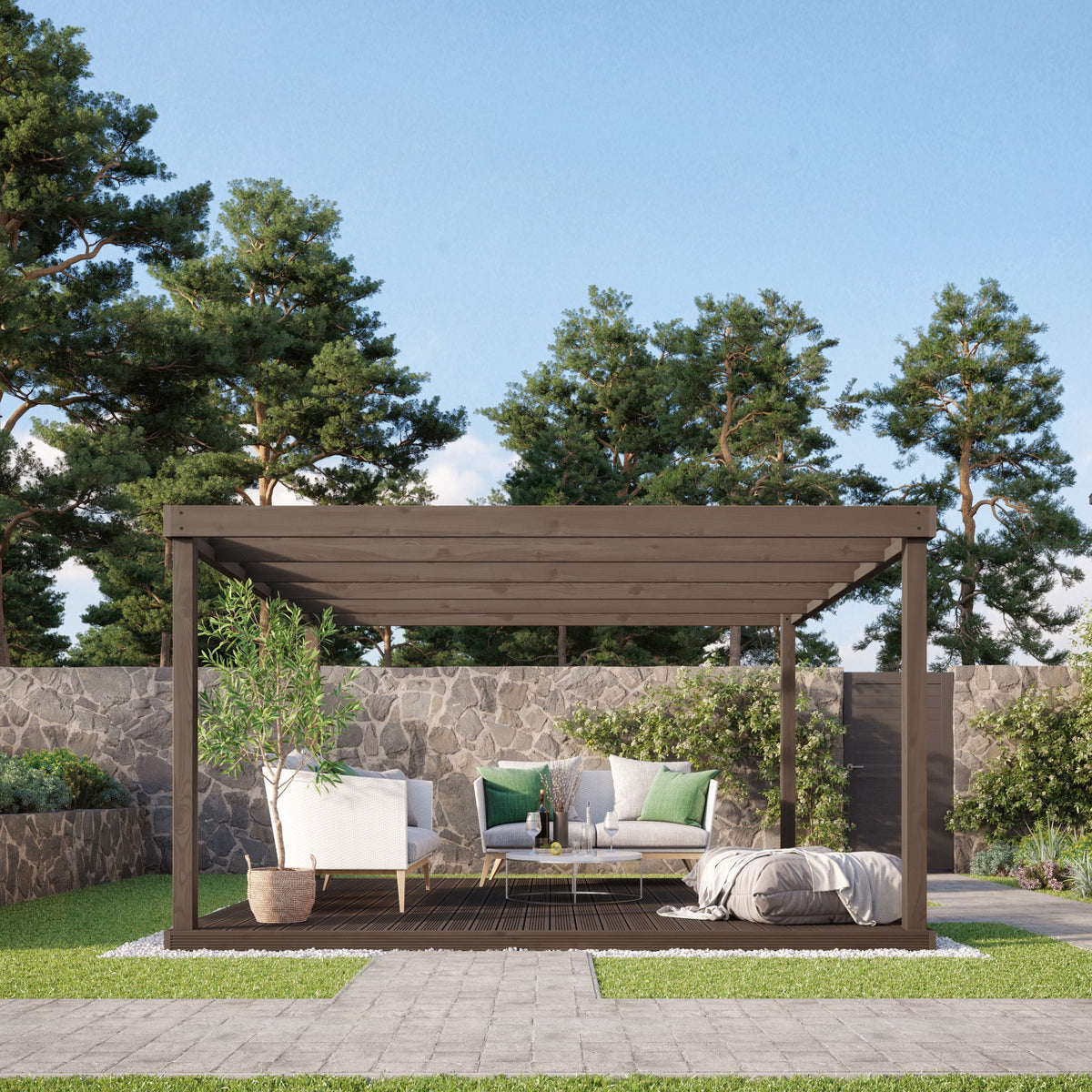 Freestanding Box Pergola with Decking - Rustic Brown - 2.4m Width x 2.4m Length